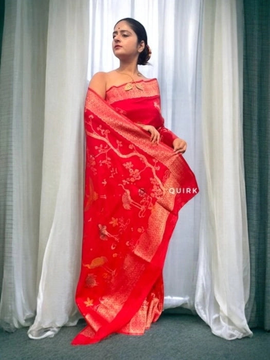 Birds of Paradise Japanese Motif Crepe Benarasi Saree - Red