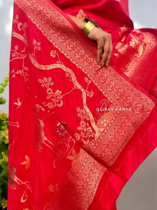 Birds of Paradise Japanese Motif Crepe Benarasi Saree - Red
