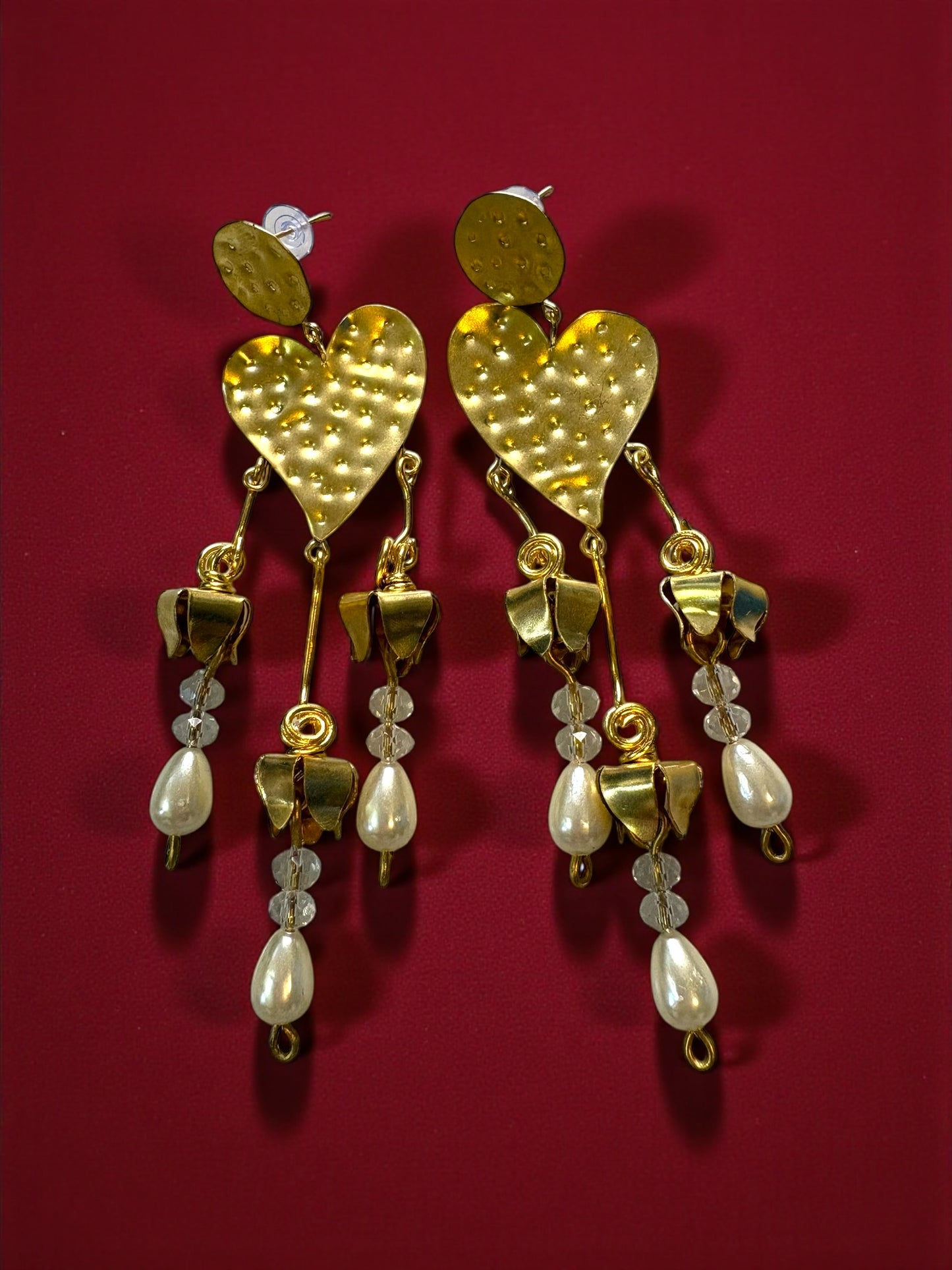 Heart Flower Brass Statement Dangler Earrings
