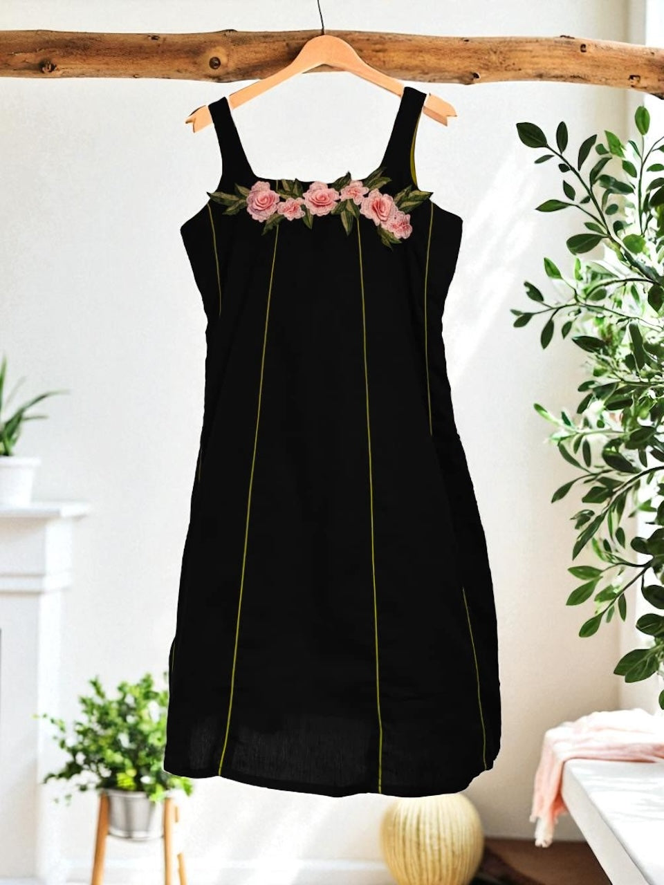 Akanksha Applique Black Cotton Striped Shift Dress