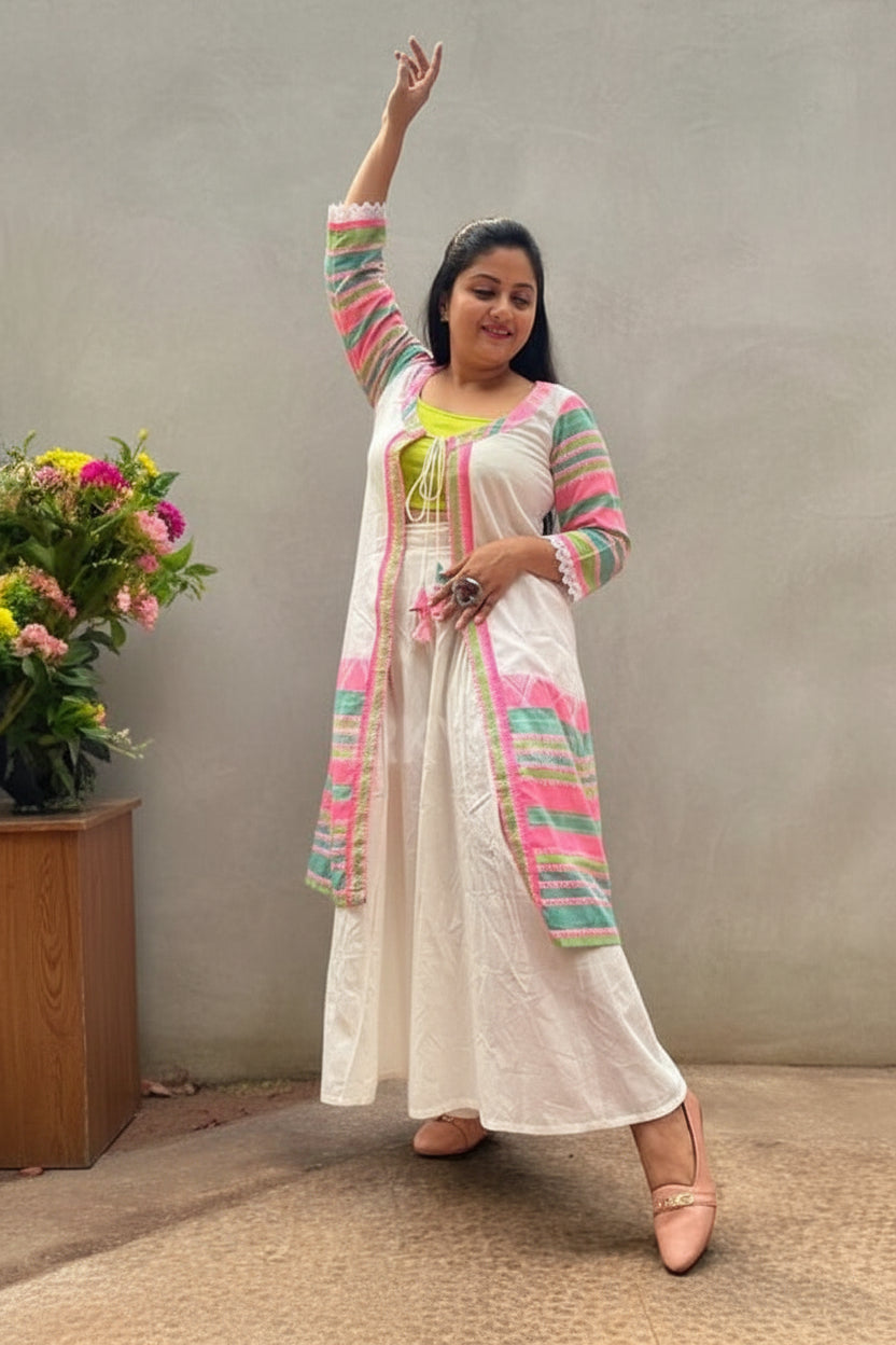 Cherry Blossom Dhanekhali Cotton Long Jacket - White
