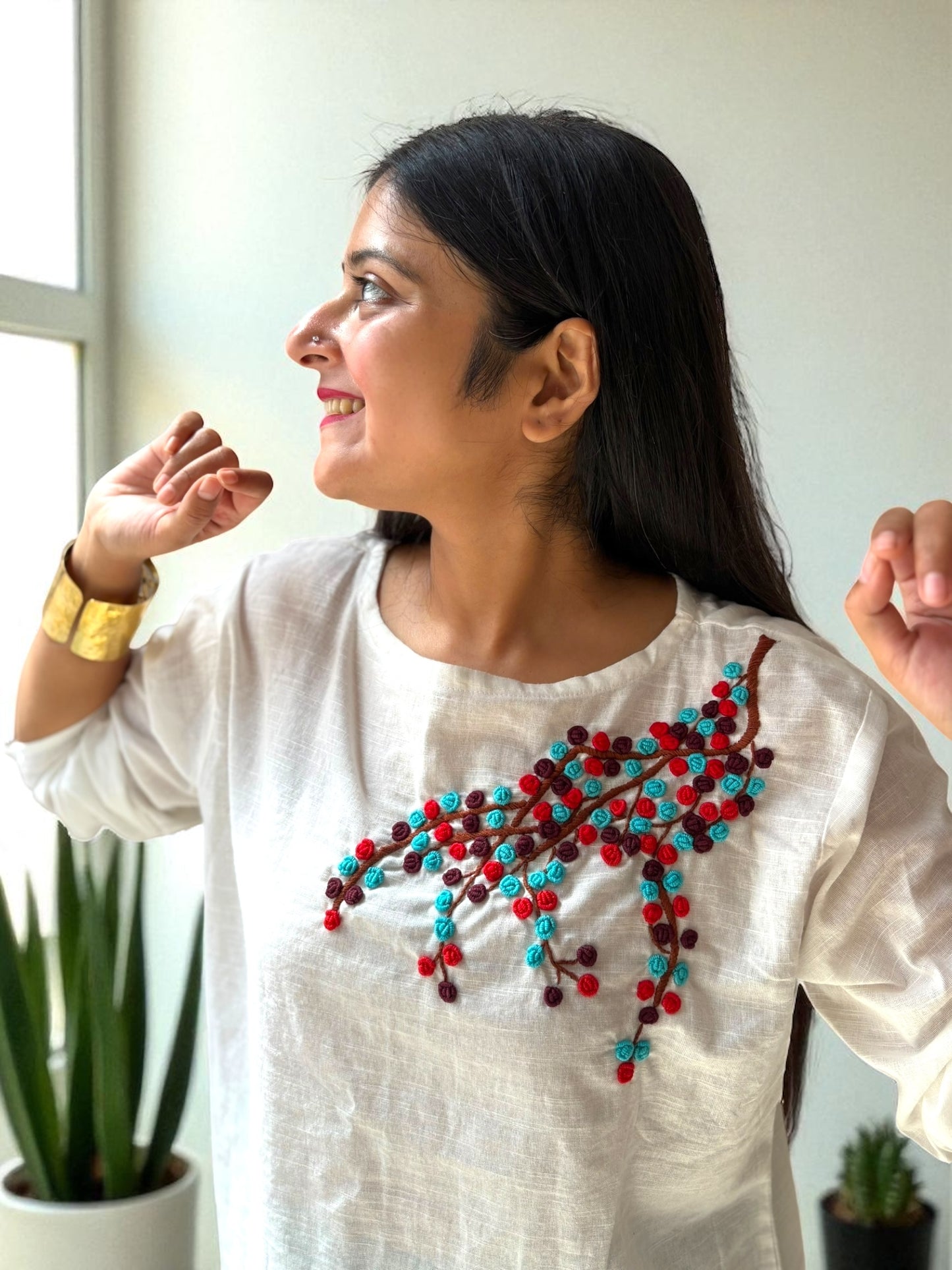 Candycrush Full Sleeved Embroidered Khadi Cotton Top - Cream