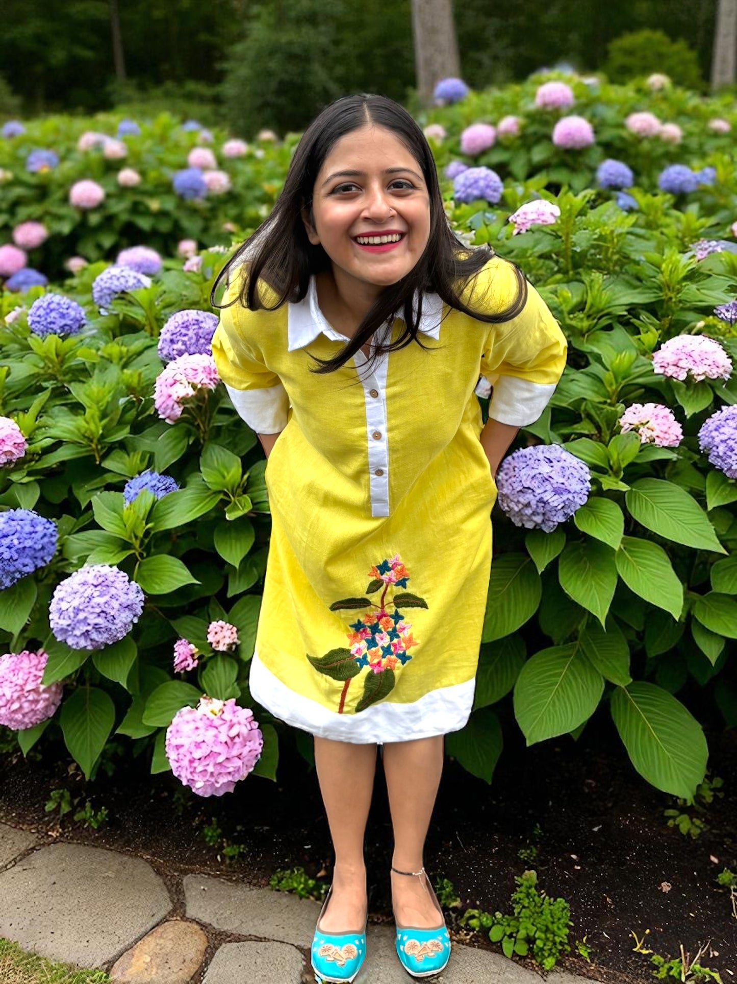 Sarang Antifit Sleeves Embroidered Khadi Cotton A-line Dress - Yellow