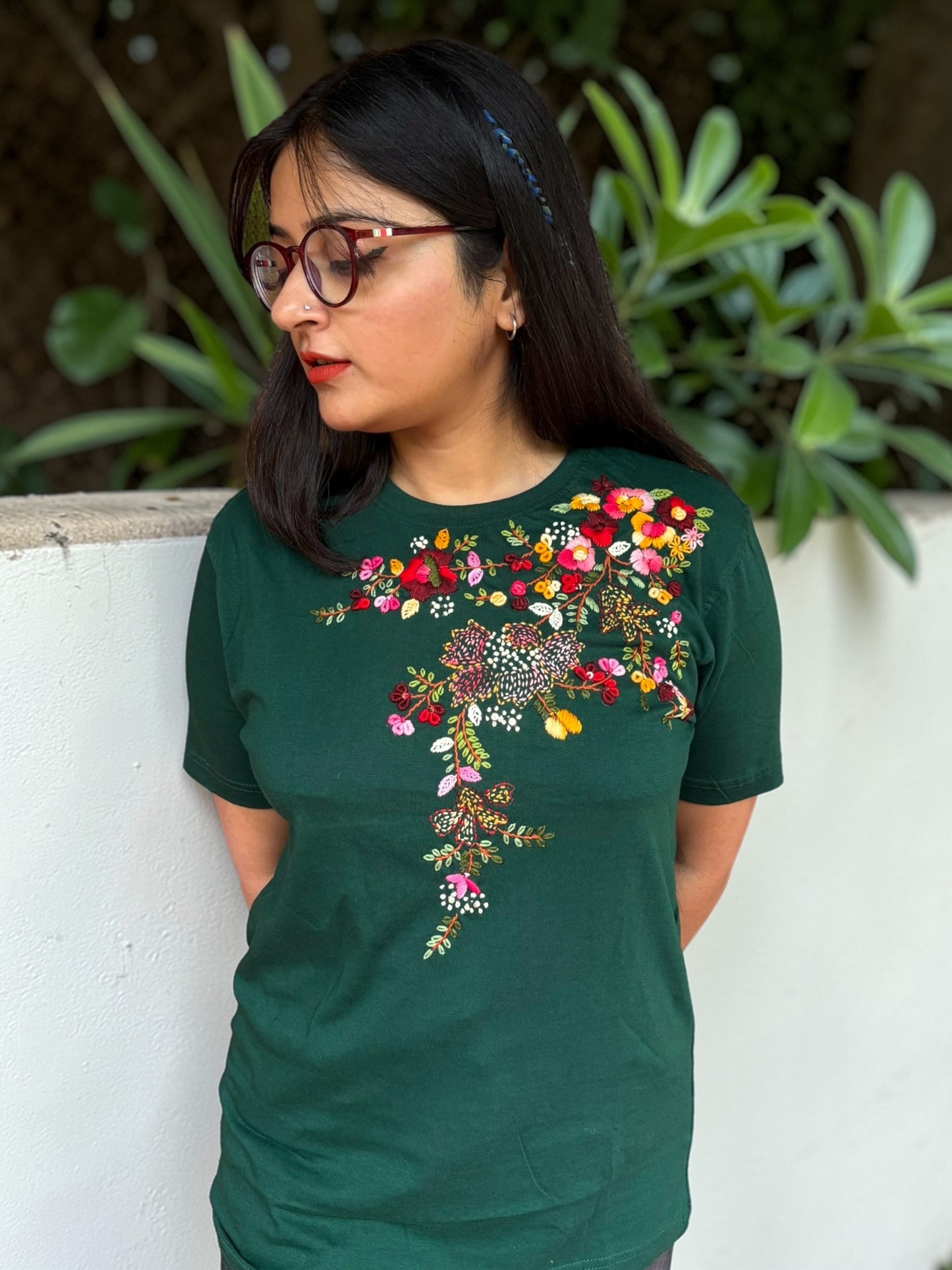 Hana Embroidered T-shirt Top - Green Shoulder