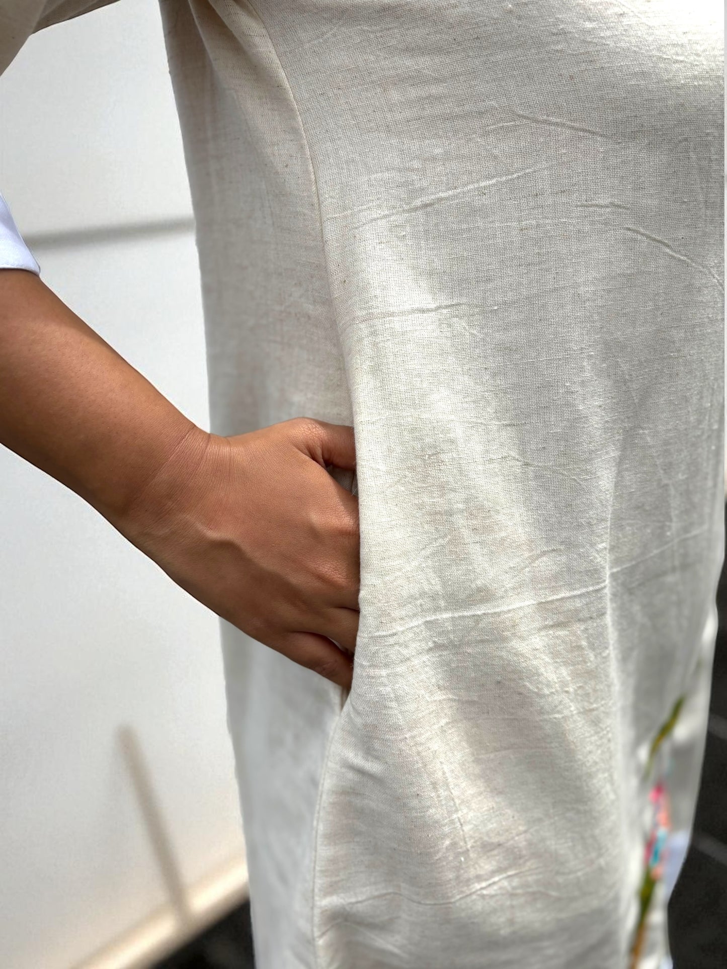 Sarang Antifit Sleeves Embroidered Khadi Cotton A-line Dress - Cream