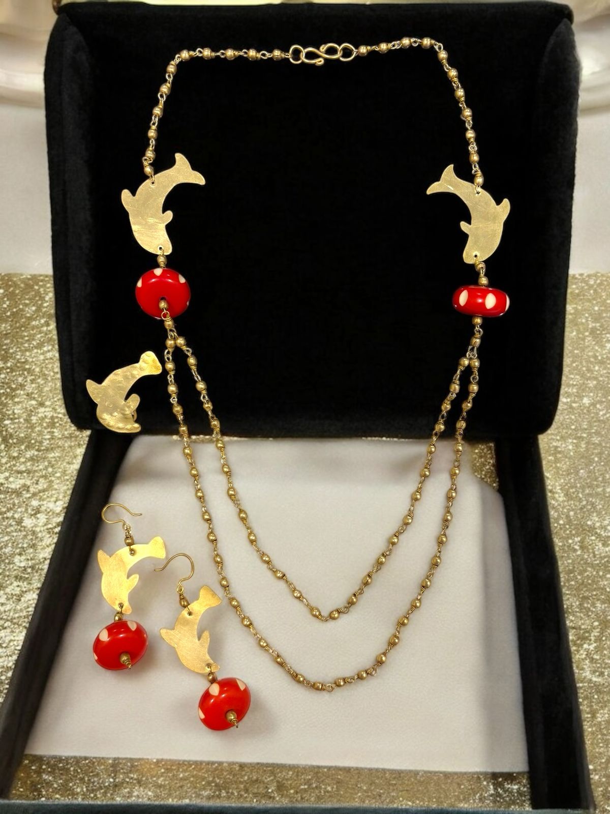 dolphin-long-double-chained-brass-necklace-jewelry-set-necklace-earrings-ring