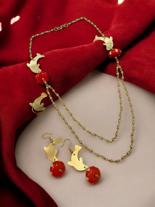 dolphin-long-double-chained-brass-necklace-jewelry-set-necklace-earrings-ring