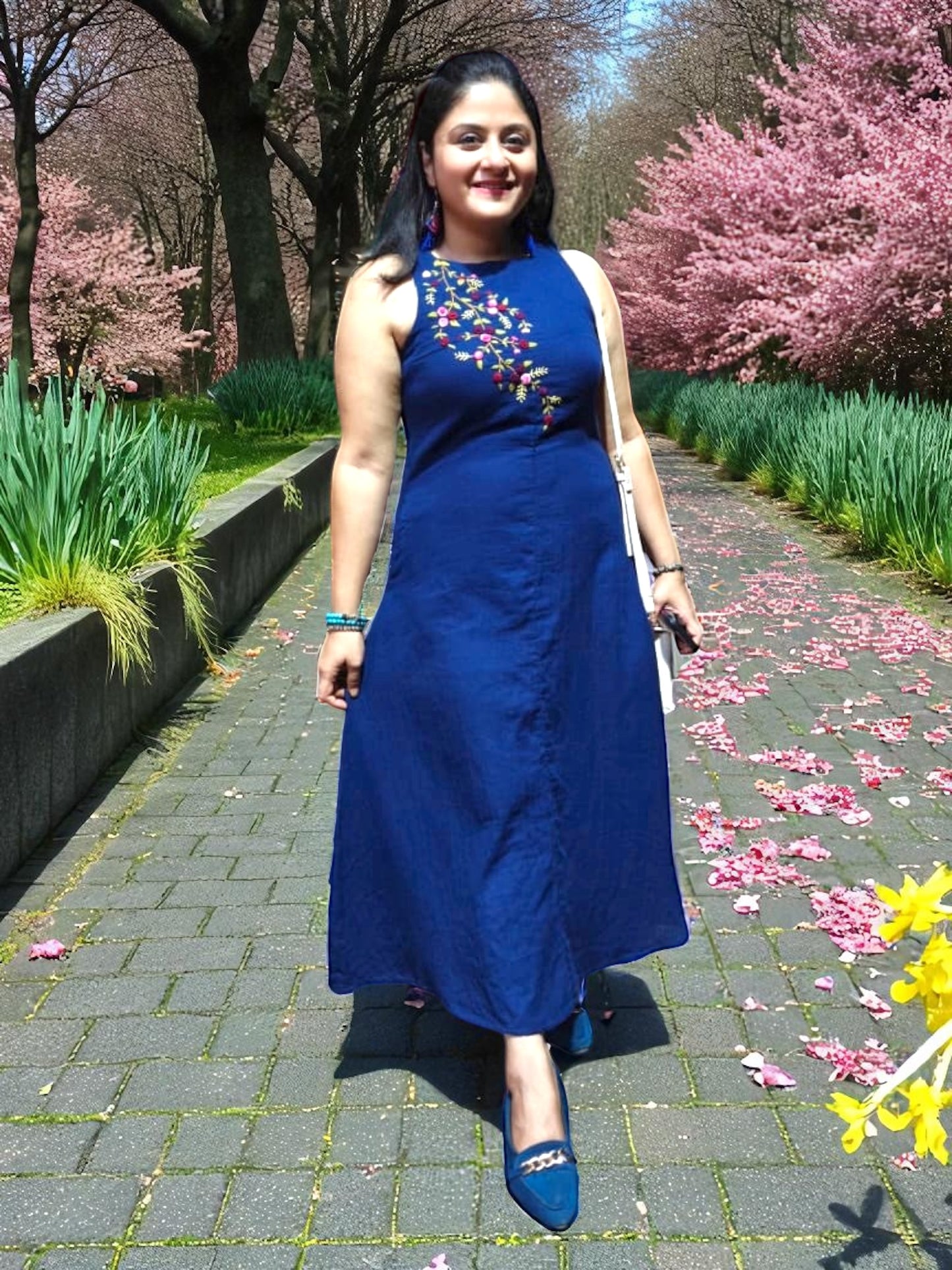 Ishani Hand-Embroidered Cotton Midi Dress - Navy Blue