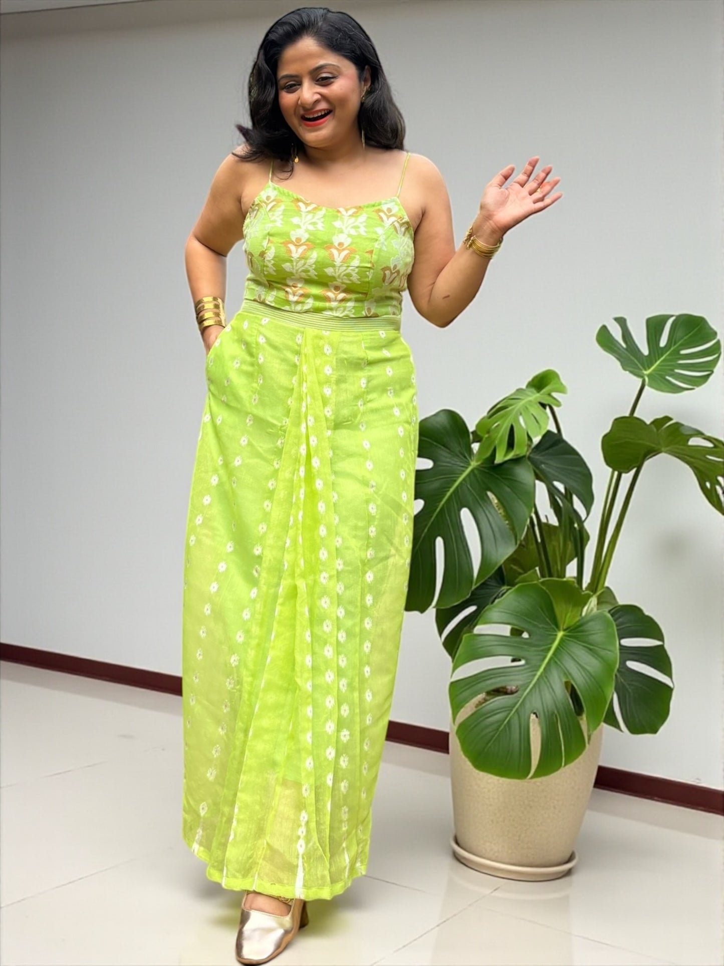 Alia Jamdani Saree Skirt, Kaftan & Top Coord Set