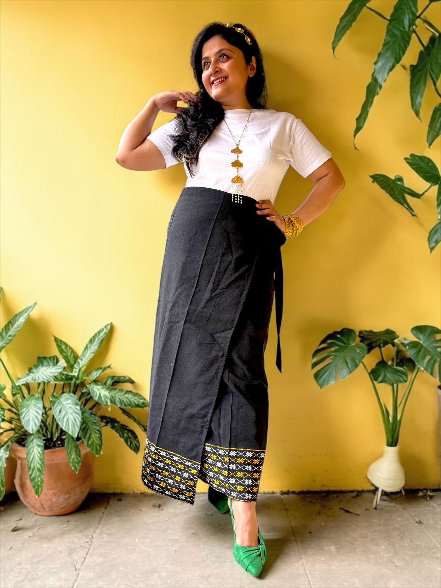 Naobi Assamese Cotton Wrap Skirt - Black