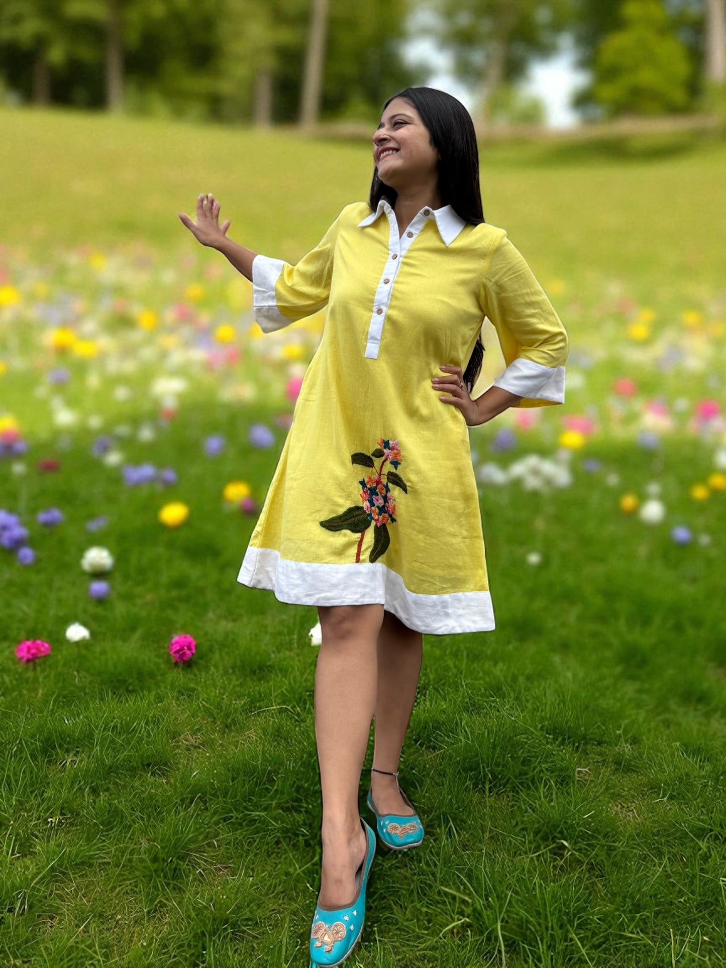 Sarang Antifit Sleeves Embroidered Khadi Cotton A-line Dress - Yellow