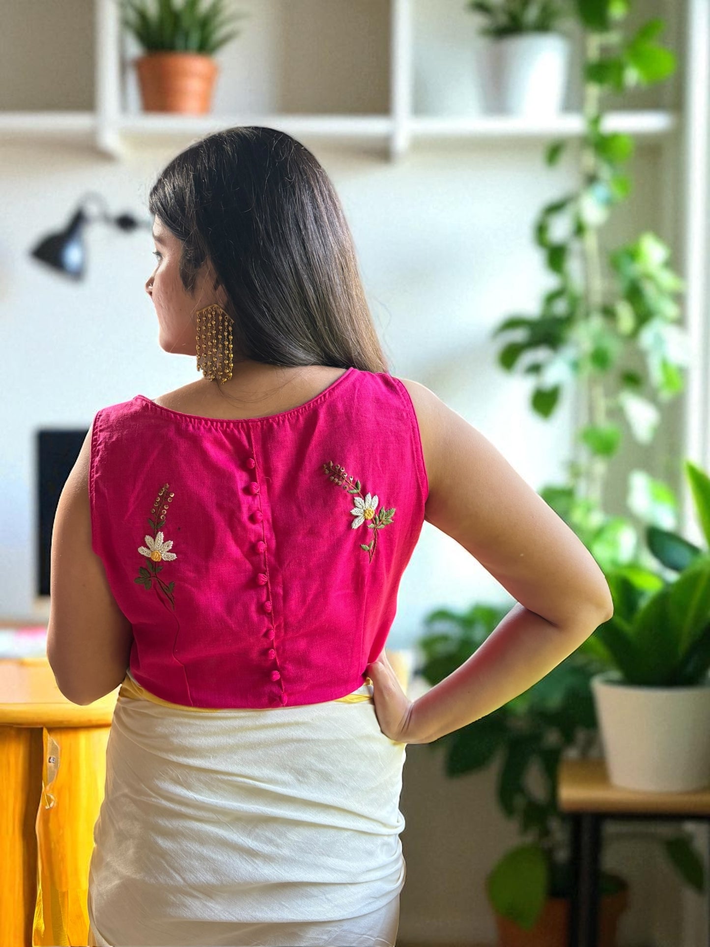 Rangmilanti Hand-Embroidered Cotton Blouse - Magenta