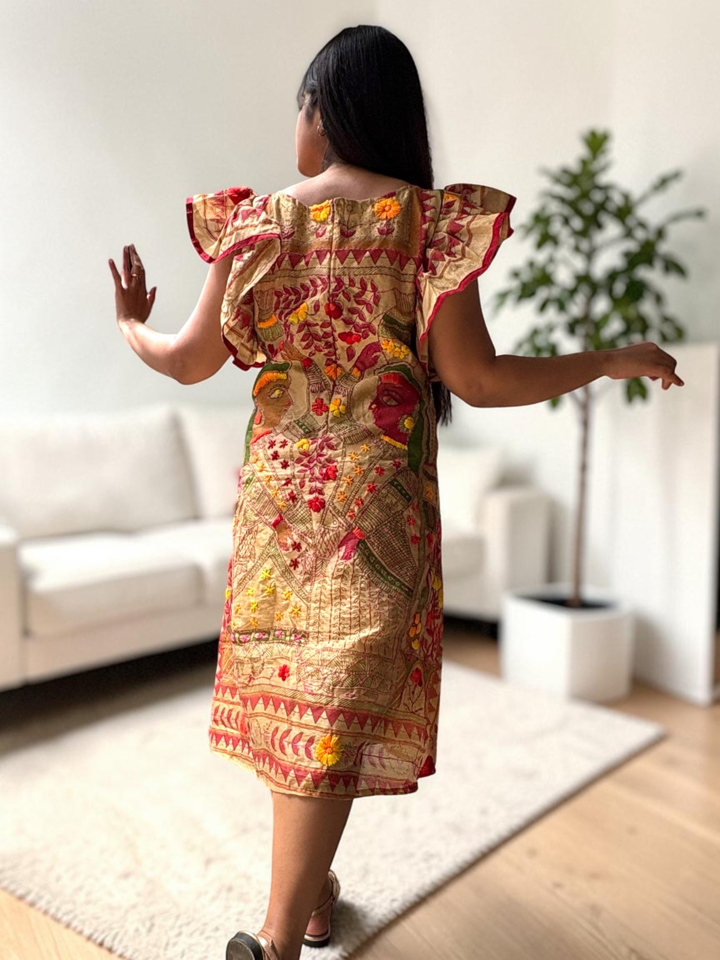 Butterfly Wings Embroidered Phulkari A-line Dress - Beige