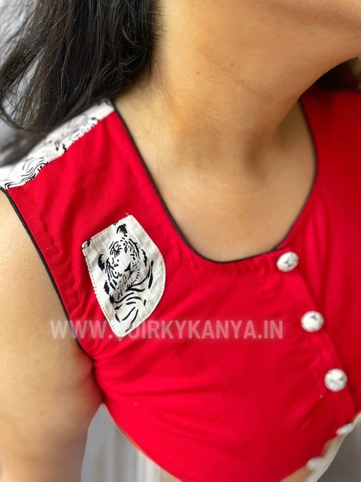 Eye of the Tiger Printed Sleeveless Cotton Blouse - Red