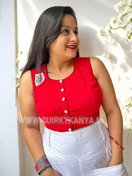 Eye of the Tiger Printed Sleeveless Cotton Blouse - Red