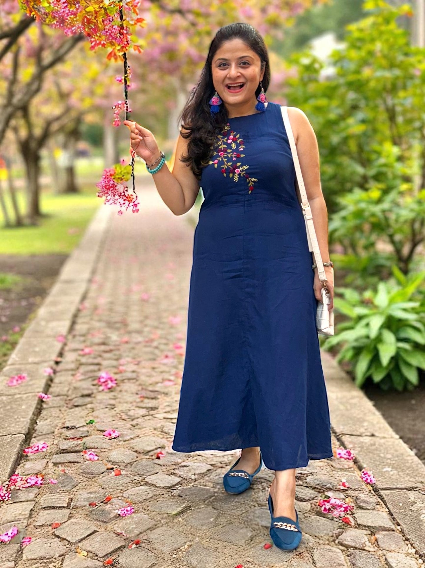 Ishani Hand-Embroidered Cotton Midi Dress - Navy Blue