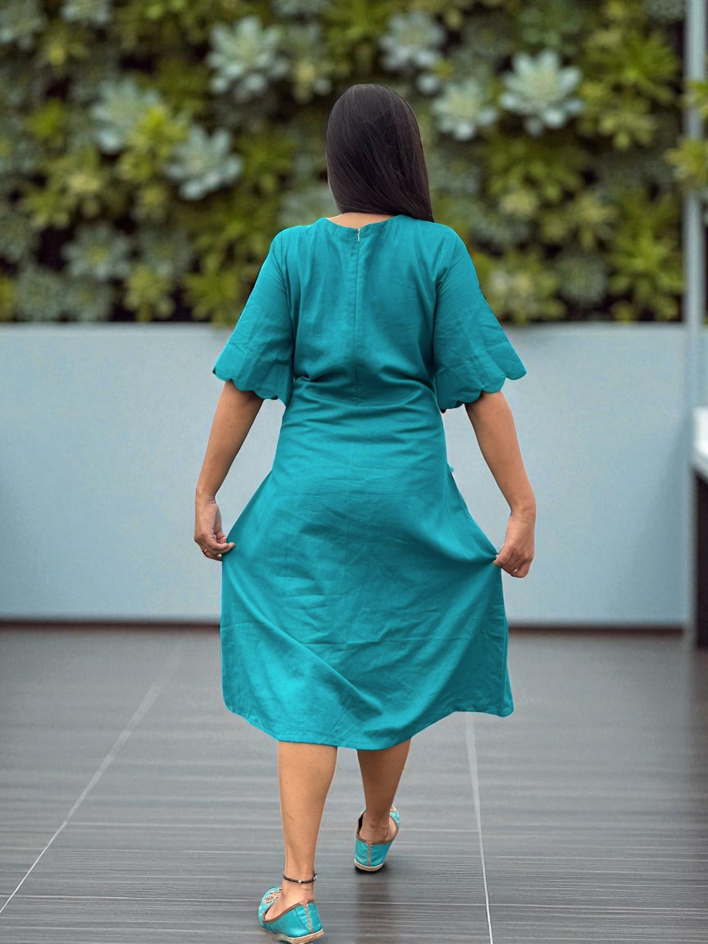 Nobita Embroidered Khadi Cotton Wrap Belt Dress - Turquoise Blue