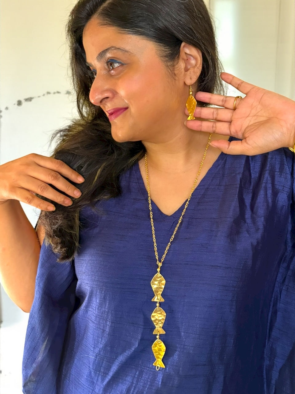 Meenakshi Brass Pendant Chain Necklace Jewelry Set (Necklace, Earrings)