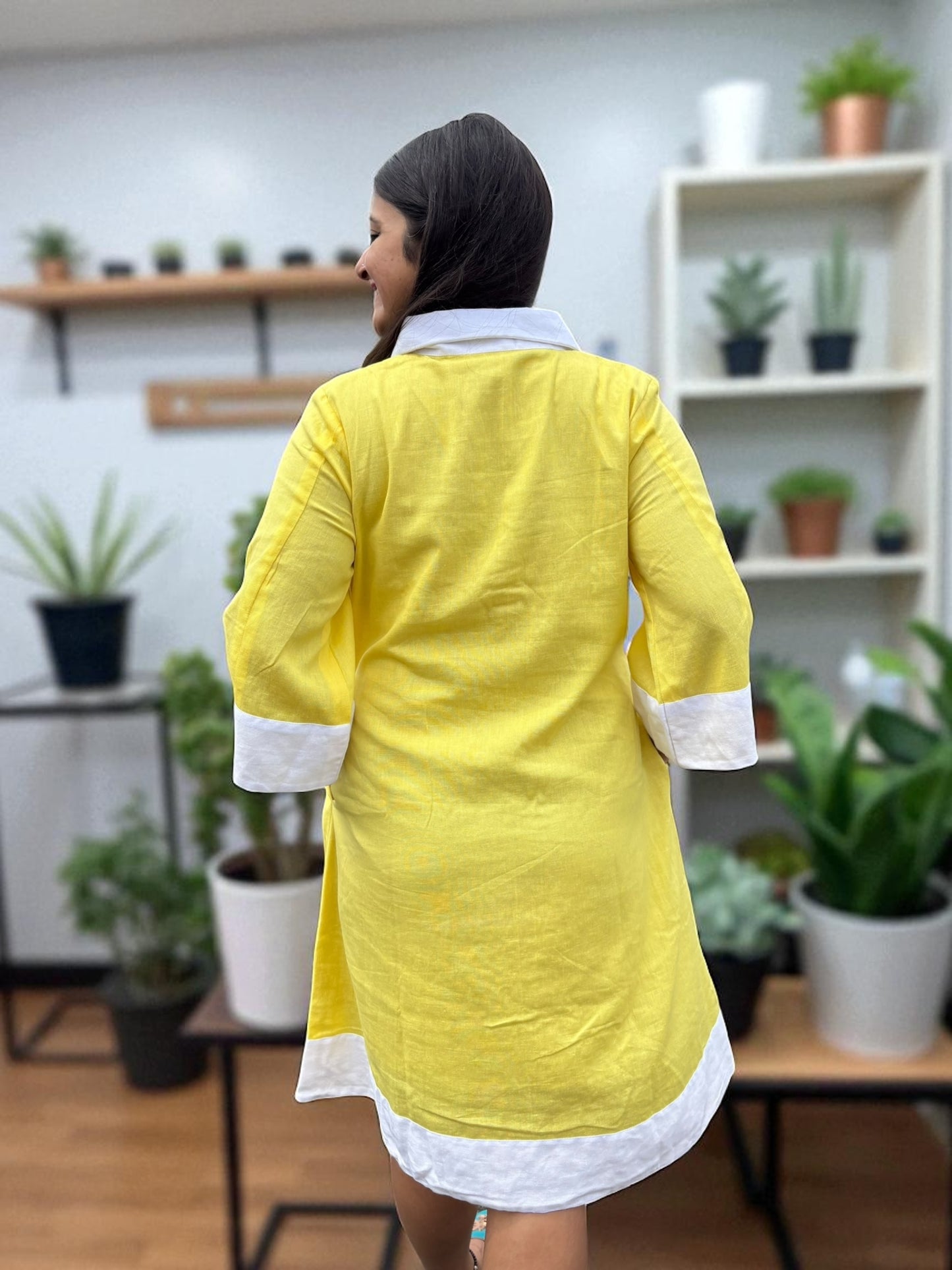 Sarang Antifit Sleeves Embroidered Khadi Cotton A-line Dress - Yellow