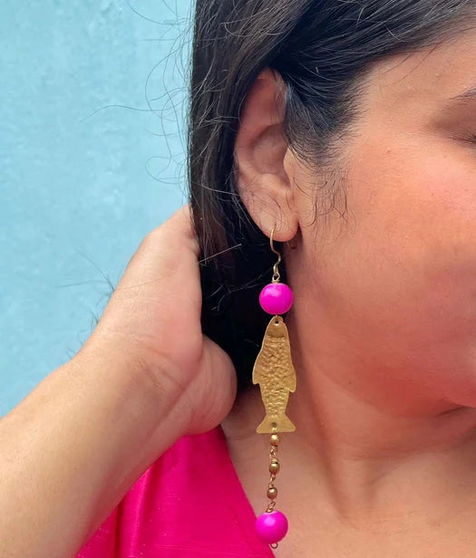 fishy-pink-beaded-brass-dangler-earrings