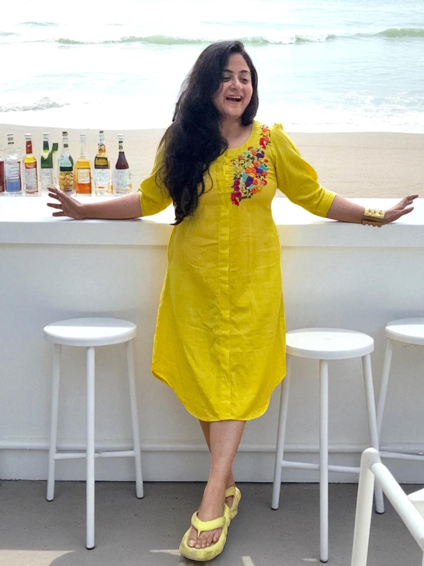 Flora Puff Sleeved Hand Embroidered Cotton Midi Dress