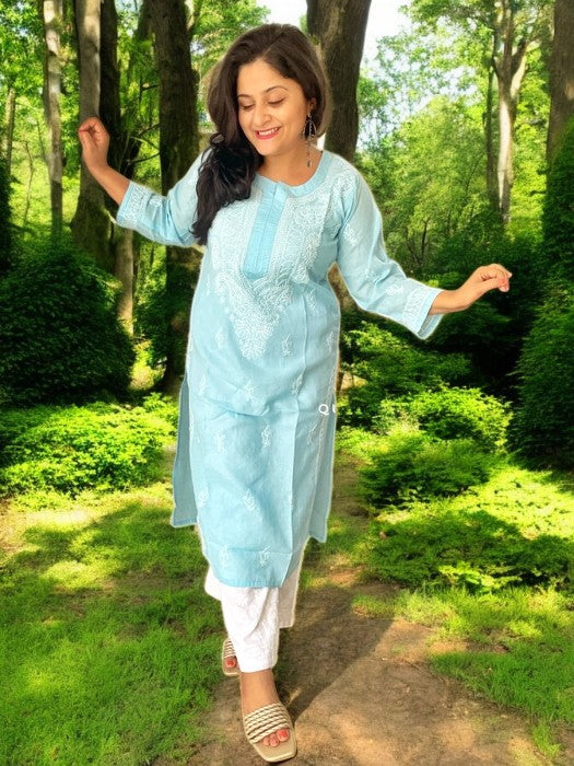 Gulaab Chikankari Cotton Kurta - Light Blue