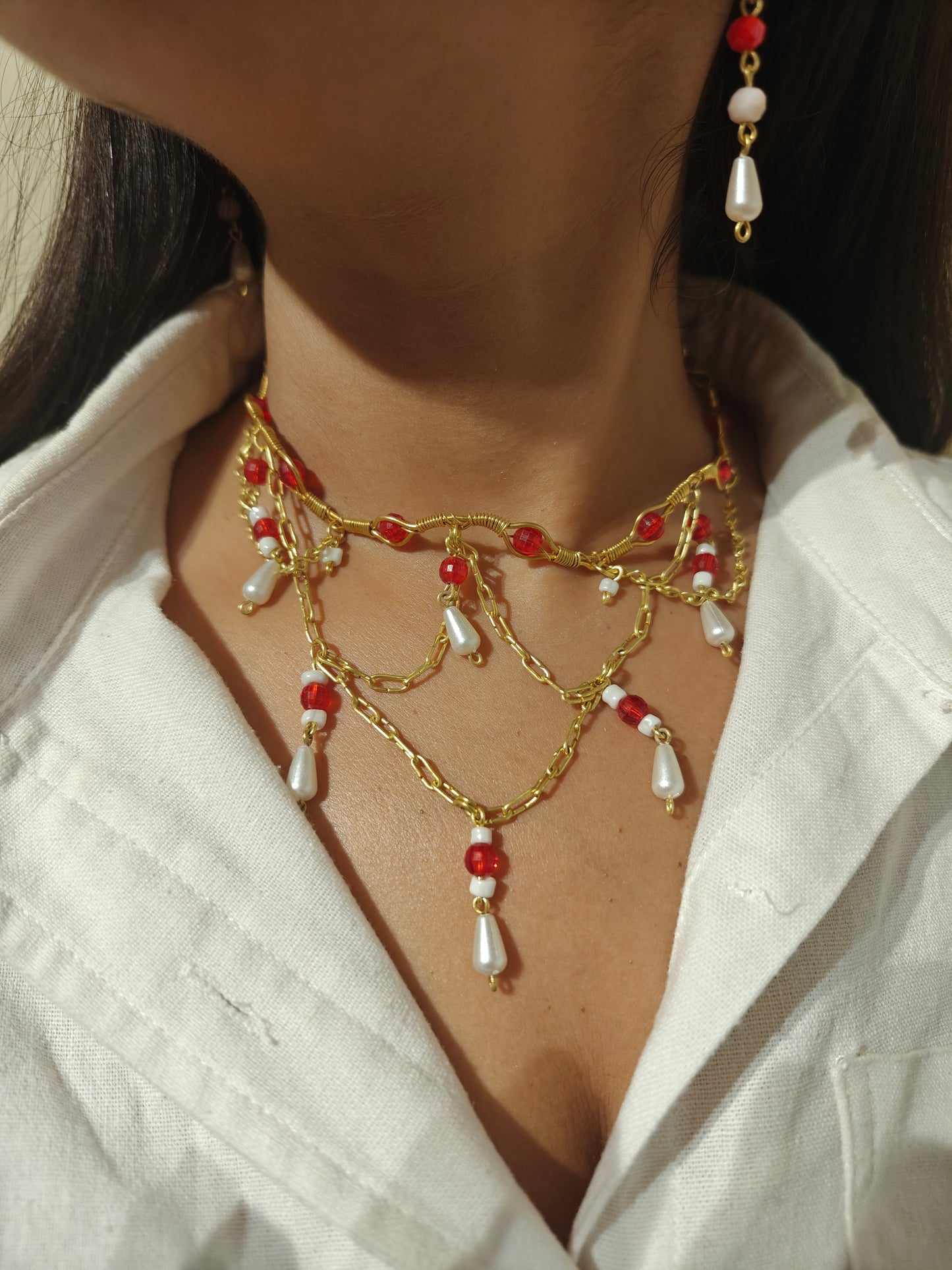 Queen Charlotte Beaded Chain Layered Brass Necklace Jewelry Set (Necklace + Earrings) - Red
