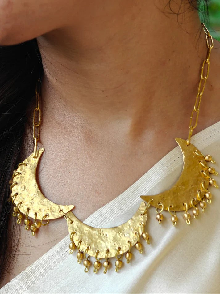 Chandni Full Moon Brass Necklace Jewelry Set (3 Necklaces + 1 Earrings)