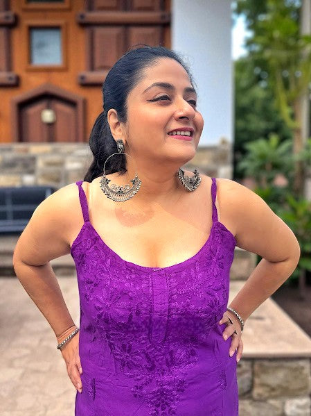 Mehr Chikankari Rayon Strappy Kurta - Purple