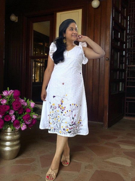 Bianca Embroidered Hakoba Cotton Empire Waist Dress