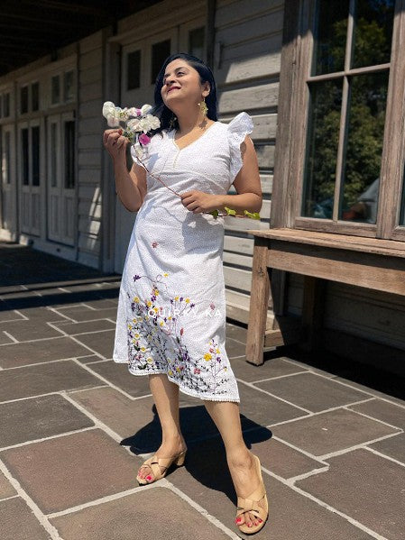 Bianca Embroidered Hakoba Cotton Empire Waist Dress