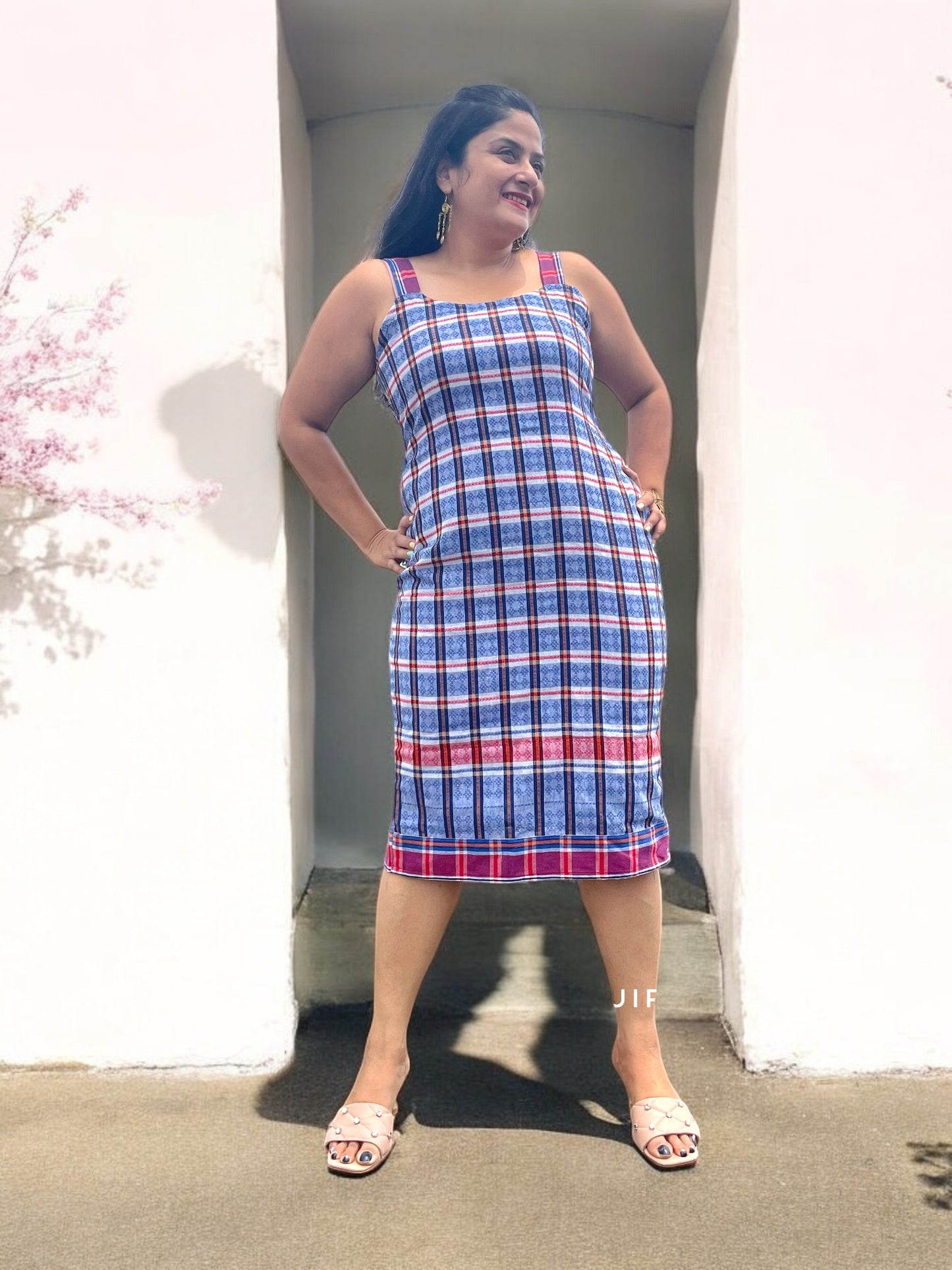 Sawariyaa Gamchha Cotton Sheath Dress - Blue 1