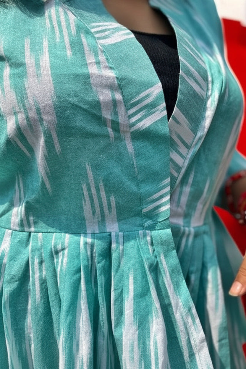 Odishi Ikkat Print Cotton Peplum Jacket - Aqua