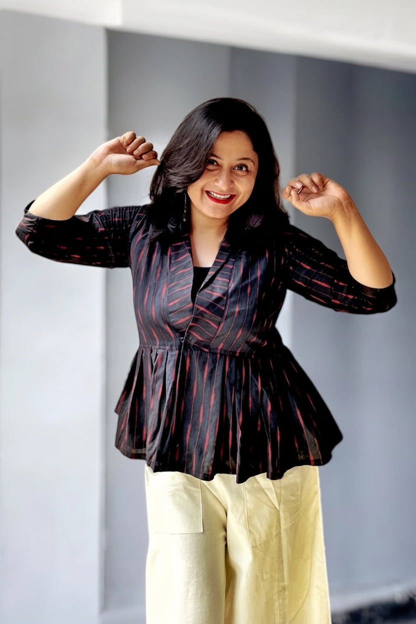 Odishi Ikkat Print Cotton Peplum Jacket - Black Red