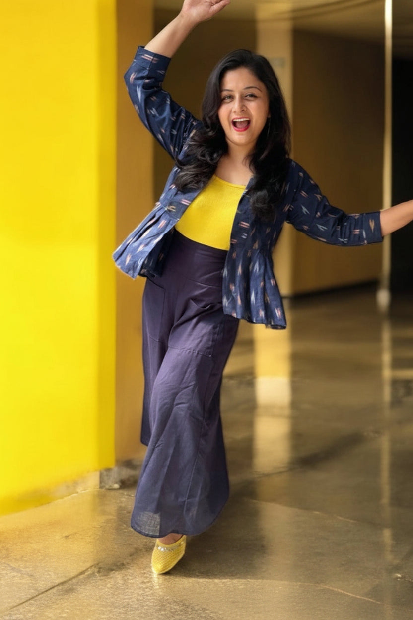 Odishi Ikkat Print Cotton Peplum Jacket - Blue