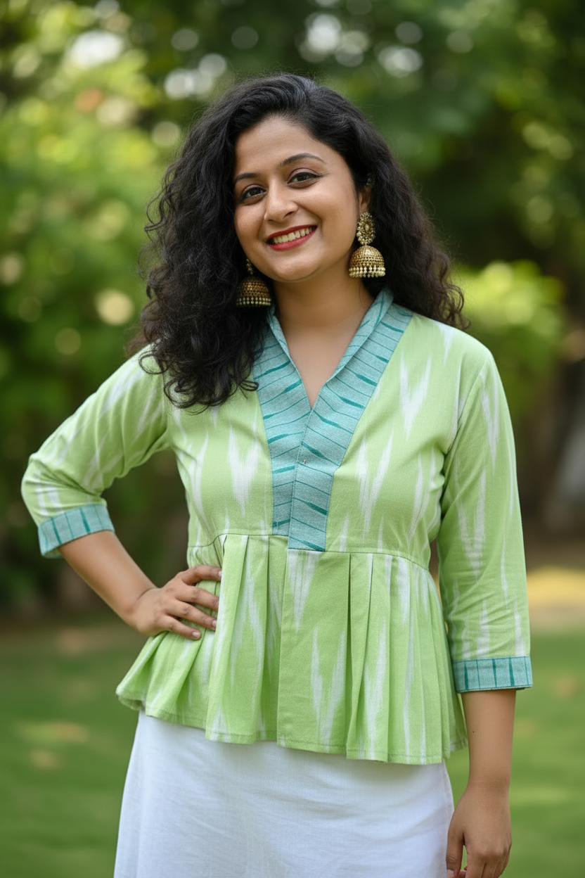 Odishi Ikkat Print Cotton Peplum Jacket- Green