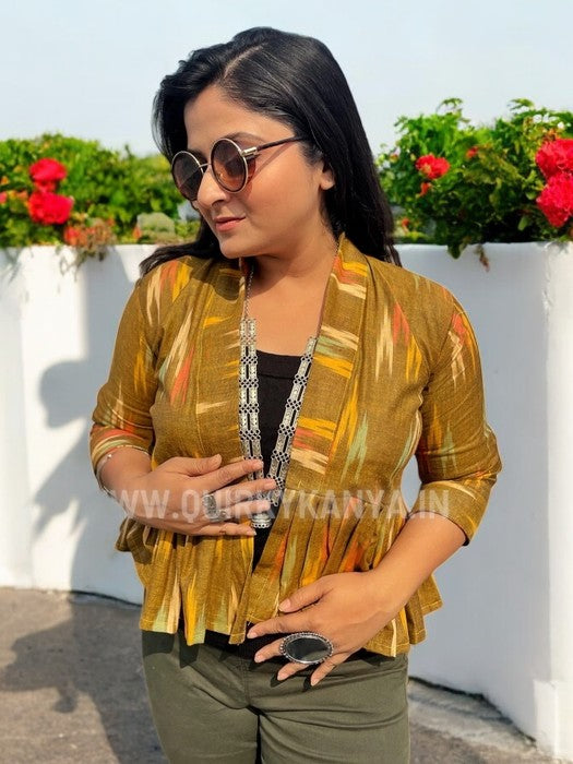odishi-ikkat-print-cotton-peplum-jacket-olive