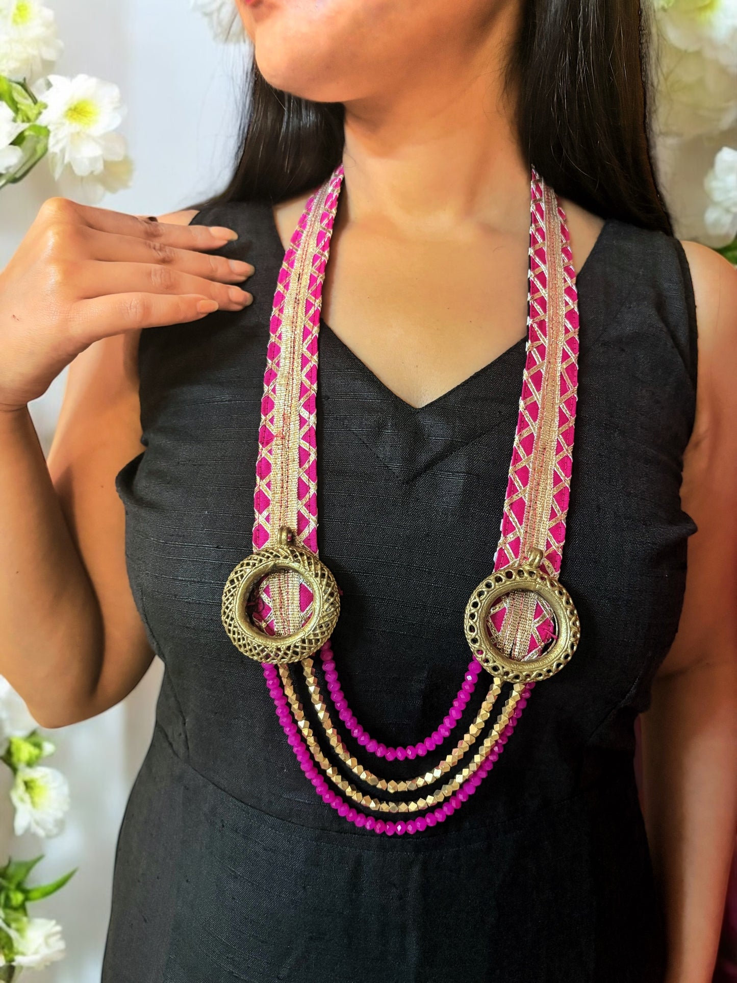 ranisa-hot-pink-zari-and-dokra-brass-long-necklace
