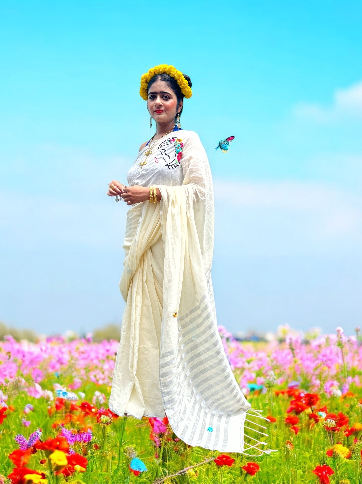 Free as Frida Hand-Embroidered Cotton Saree - Off White