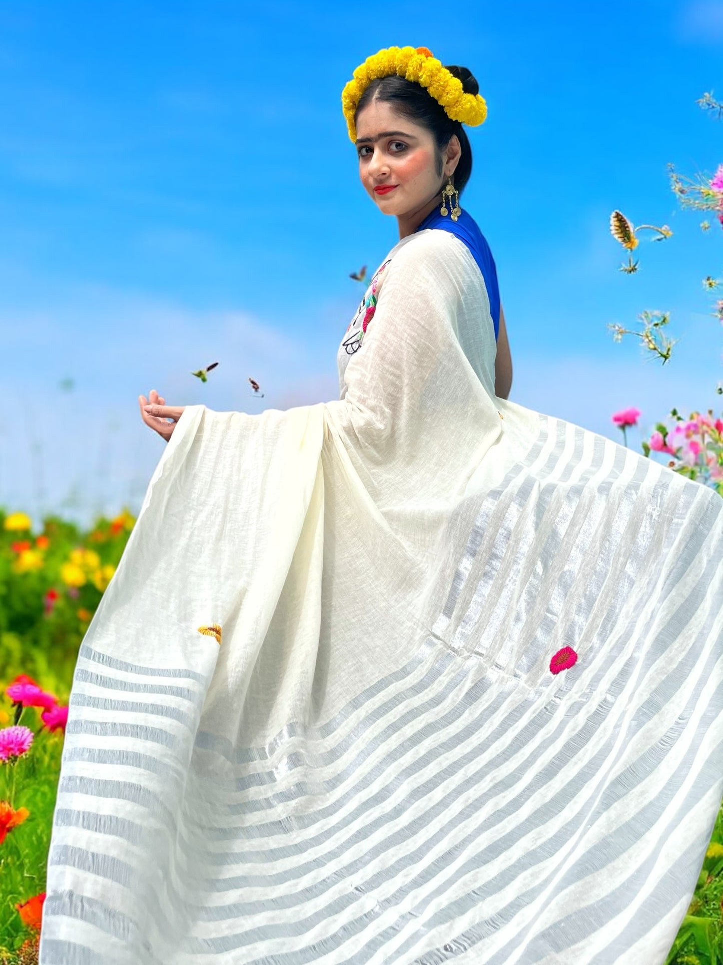 Free as Frida Hand-Embroidered Cotton Saree - Off White