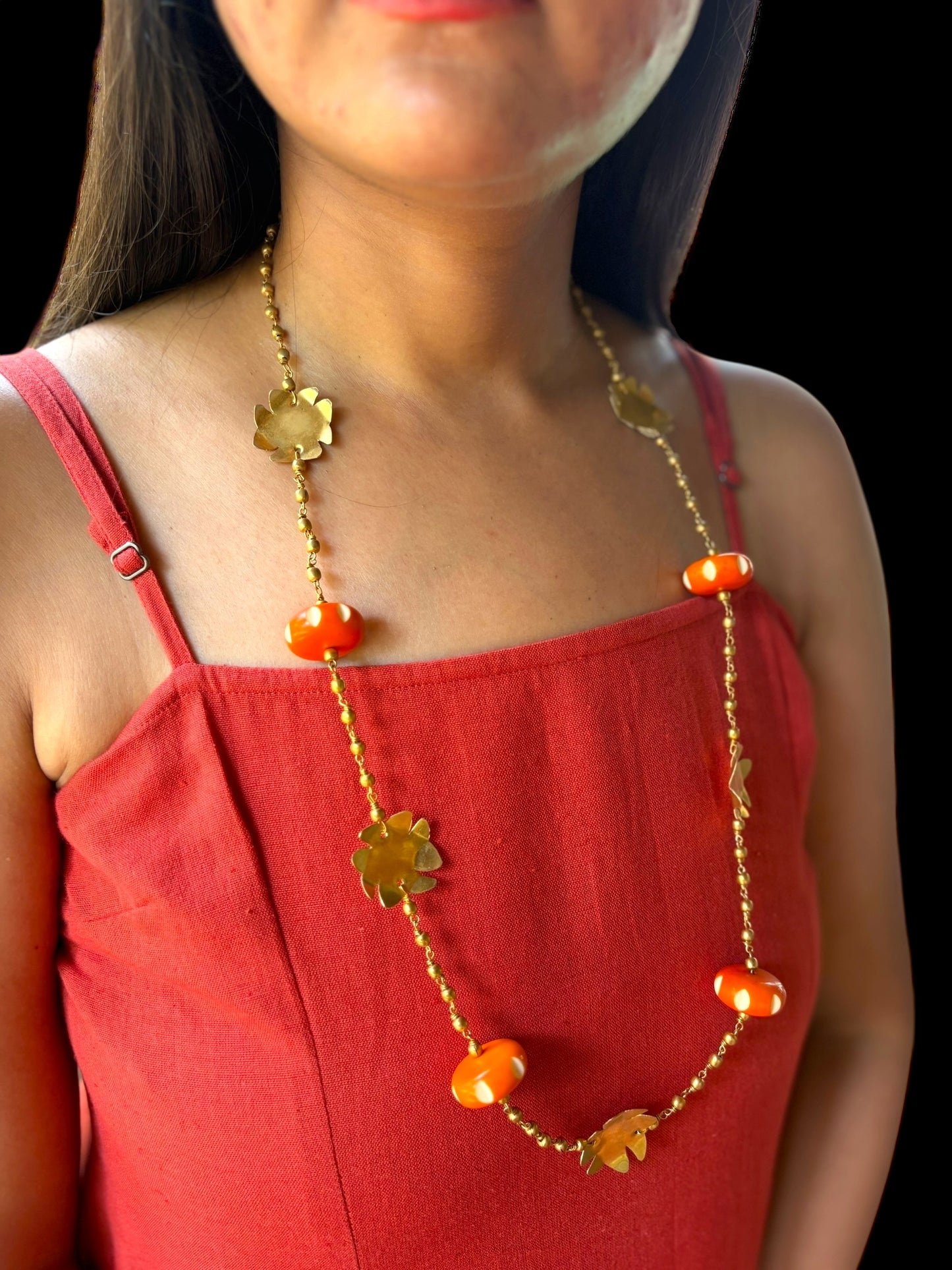 Shiuli Orange Beaded Brass Chain Necklace