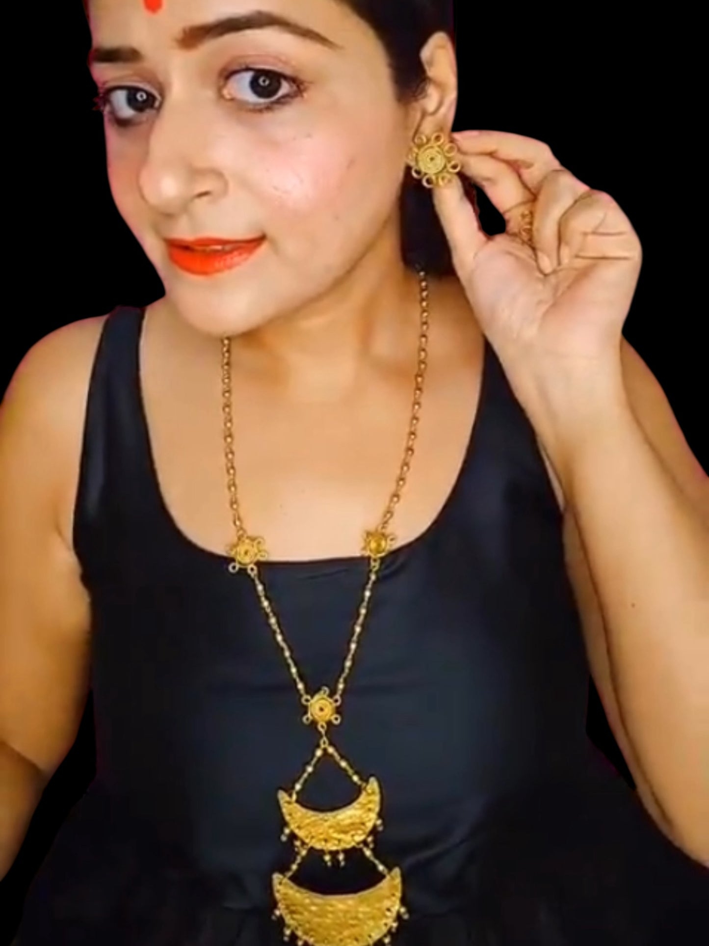 Dwitiya Chandni Moon Brass Long Pendant Chain Necklace Jewelry Set (Necklace + Earrings)