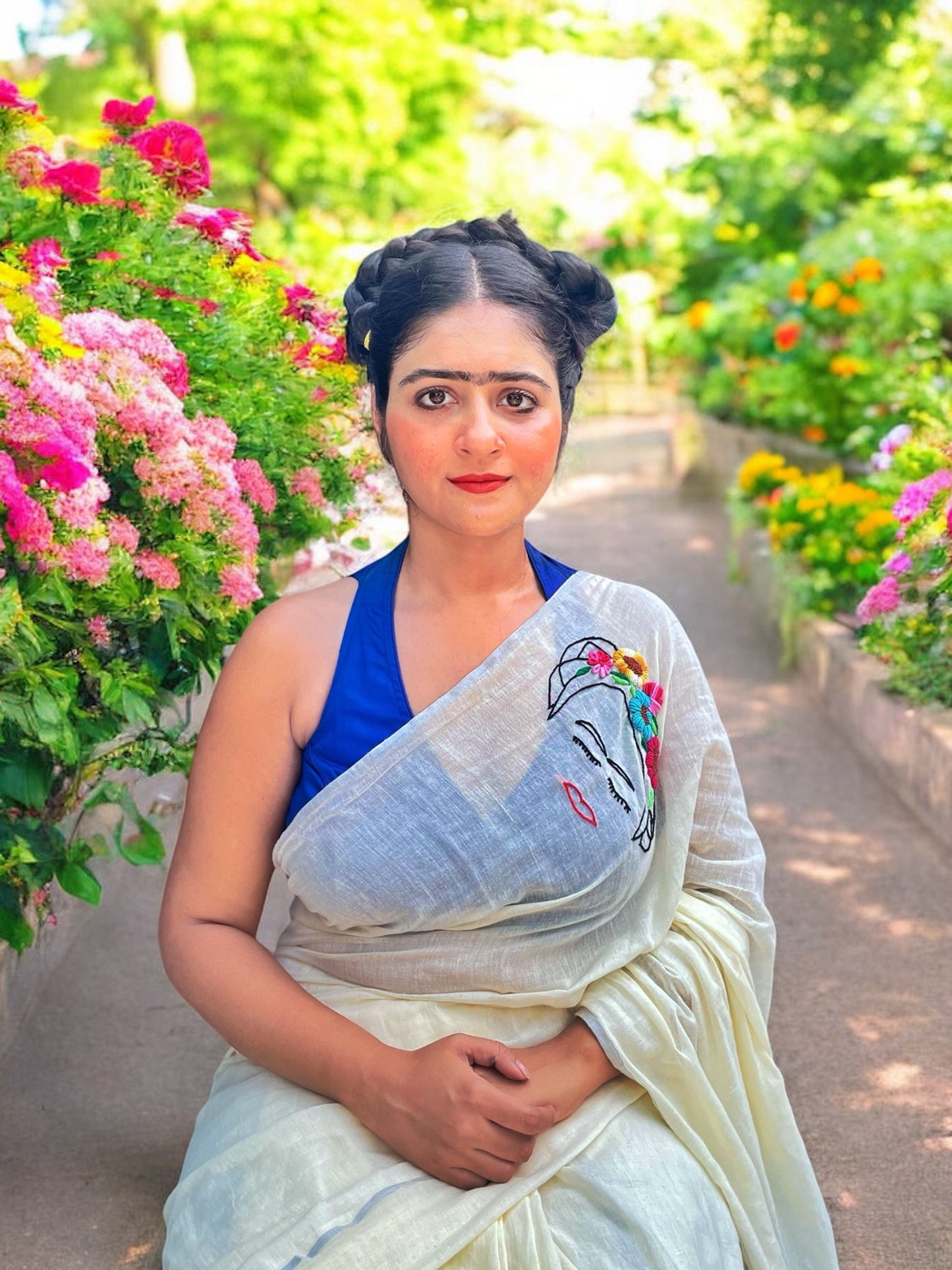 Free as Frida Hand-Embroidered Cotton Saree - Off White