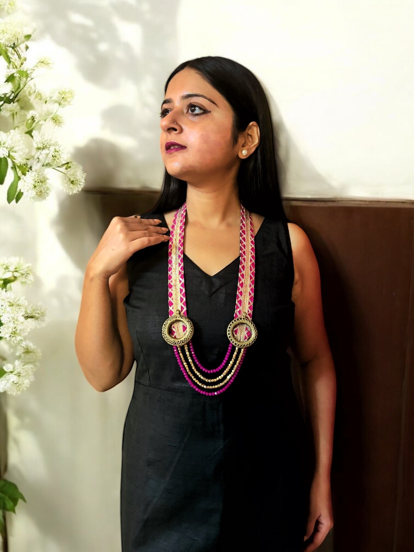 ranisa-hot-pink-zari-and-dokra-brass-long-necklace