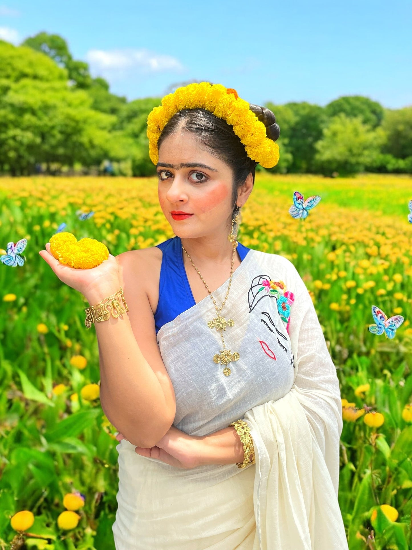 Free as Frida Hand-Embroidered Cotton Saree - Off White