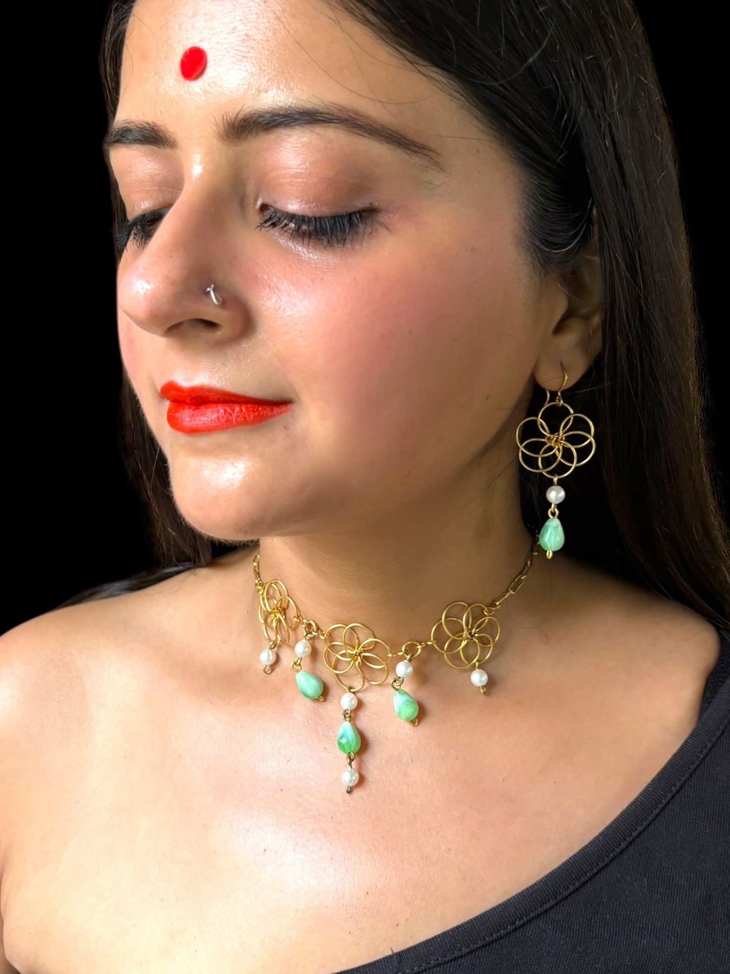 Princess Jasmine Floral Brass Necklace Jewelry Set (Necklace + Earrings)