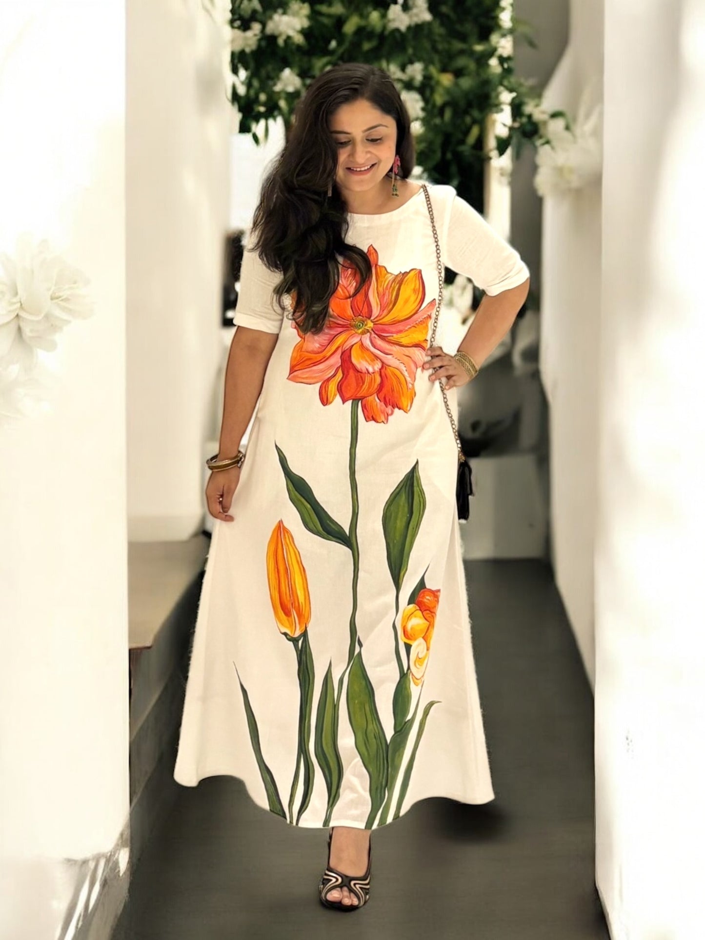 Anastasia Floral Handpainted Glass Sleeved Long Cotton Dress - White