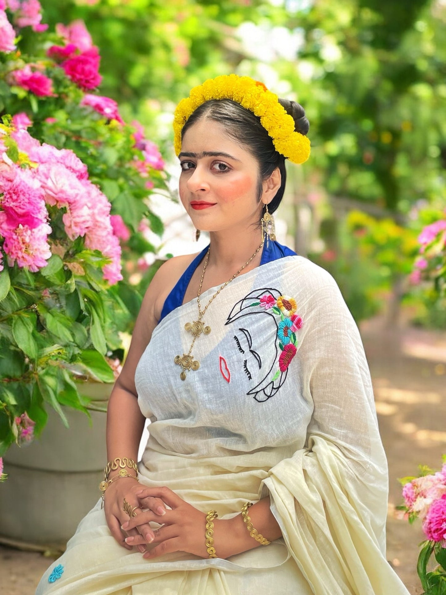 Free as Frida Hand-Embroidered Cotton Saree - Off White