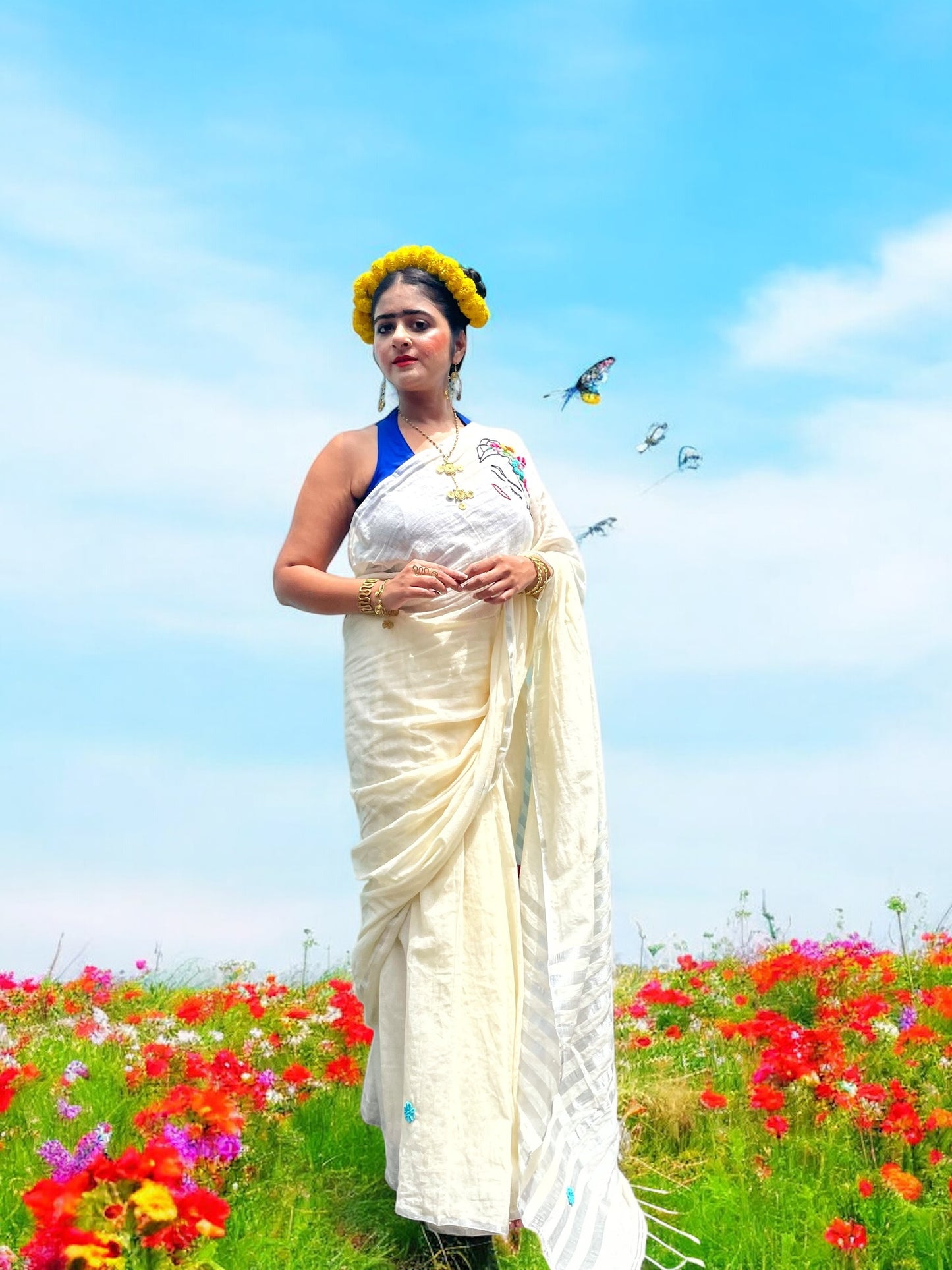 Free as Frida Hand-Embroidered Cotton Saree - Off White