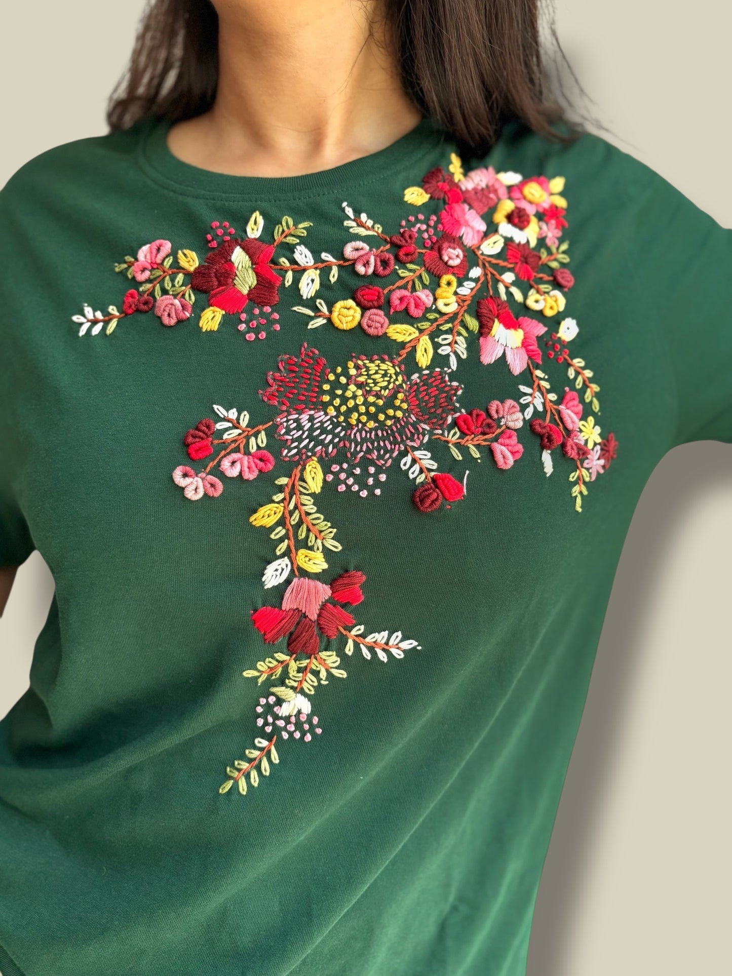 Hana Embroidered T-shirt Top - Green Shoulder